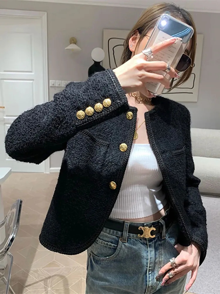 Autumn Winter Korean Fashion Black White Tweed Jackets Coat Women Elegant Two Pockets Golden Single Breasted Woolen Outerwear 240309