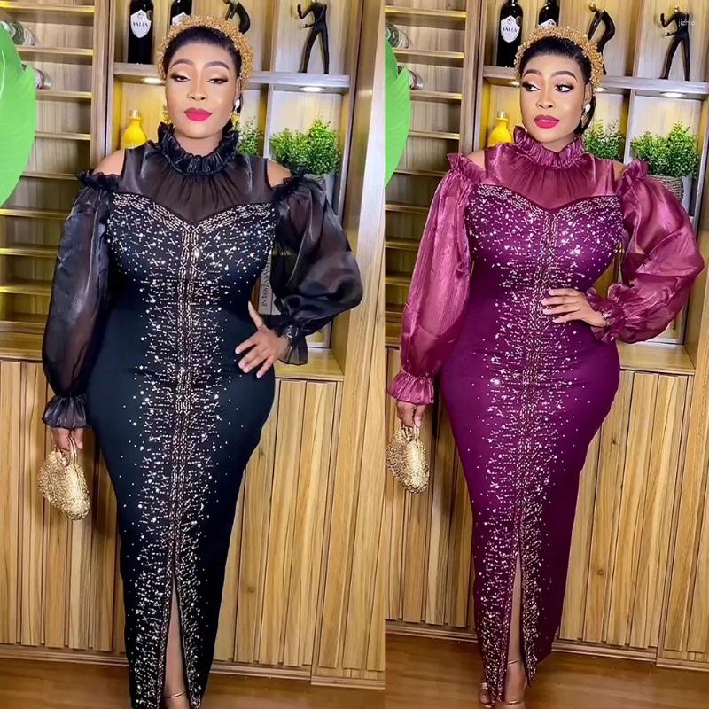 Casual Dresses 2024 African Womens Wear Slim Stretch Rhinestone Dress Gown Stand Collar Off-the-Shoulder Puff Sleeves Floor Length