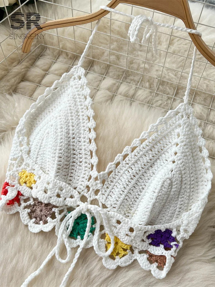 SINGREINY Bohemian Two Piece Knitted Sets Summer Hook Hollow Out Camisole Floral Irregular Tassel Skirt Sexy Beach Style Suits 240309
