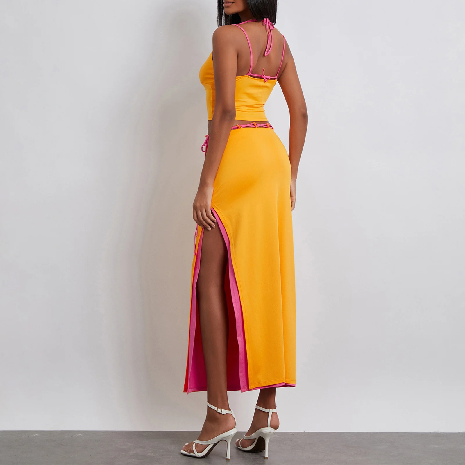 Womens Two Piece Summer Outfits Sleeveless Spaghetti Strap Halter Tops and Long Skirt Set Beachwear 240229