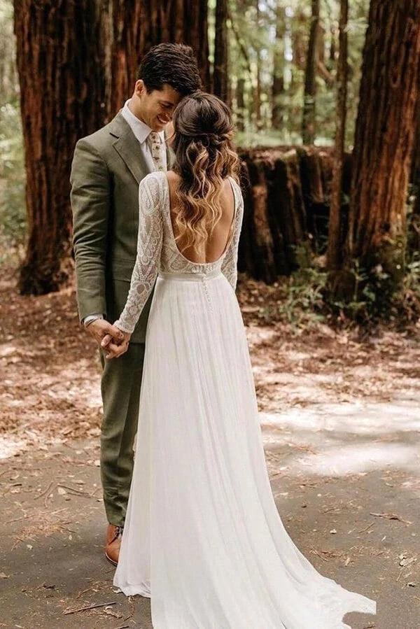 Western Country Forest Garden Wedding Dresses Sexy Backless A e Long Sleeve Lace Chiffon Bridal Gowns BC18358