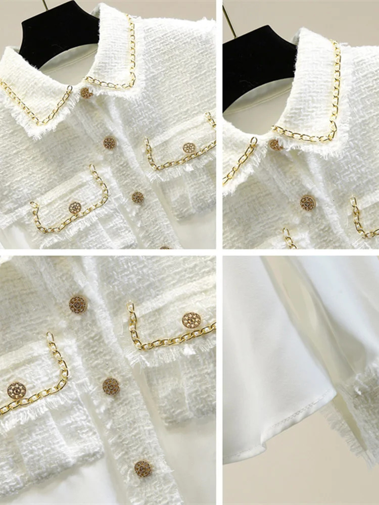 Spring Summer Tweed Patchwork Chiffon Shirt Blouse Women Vintage Long Sleeve Gold Chain Pearls Weave Tassels Pocket Tops 240301