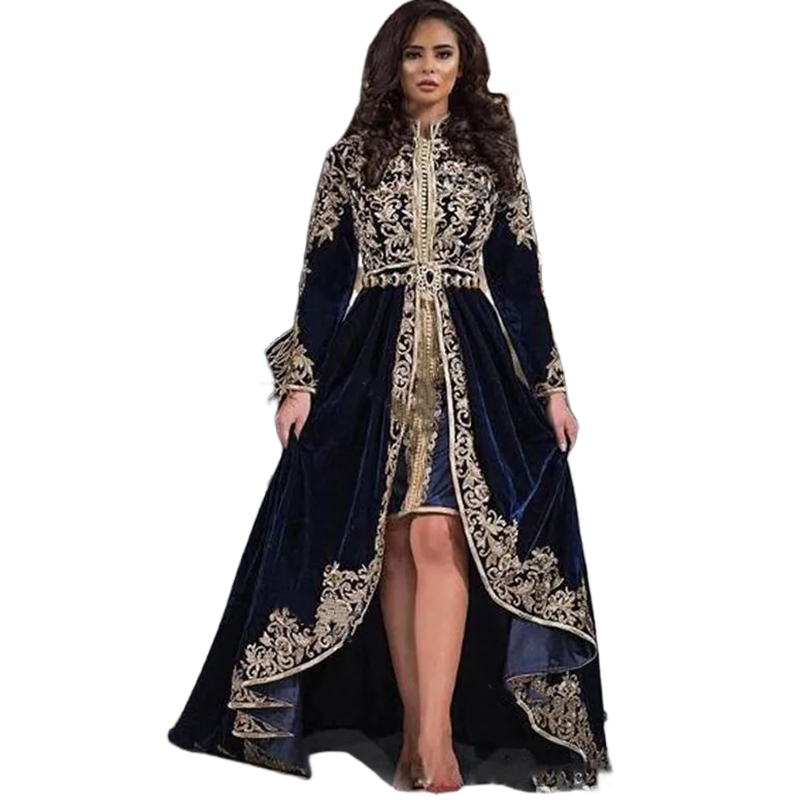 Modern Dark Navy Velvet Evening Dresses With Court Train Gold Lace Appliques Long Sleeves Arabic Kaftan Formal Occasion Gowns Short Front Long Back Wo