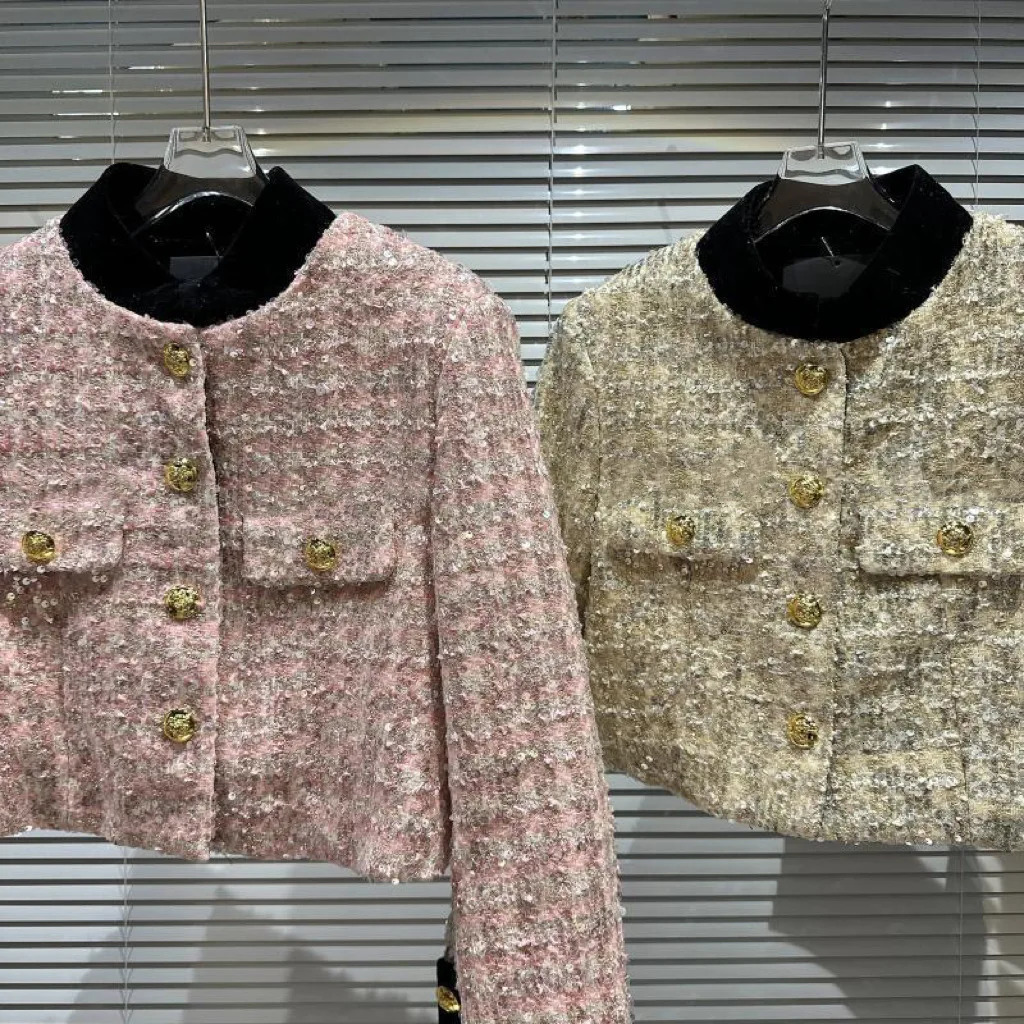 baby Girls Sequin Short Coat Autumn Thick Tweed Single breasted Metal buckle teen jacket kids clothes casaco menina 240227