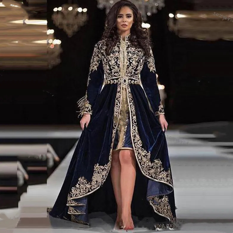 Modern Dark Navy Velvet Evening Dresses With Court Train Gold Lace Appliques Long Sleeves Arabic Kaftan Formal Occasion Gowns Short Front Long Back Wo