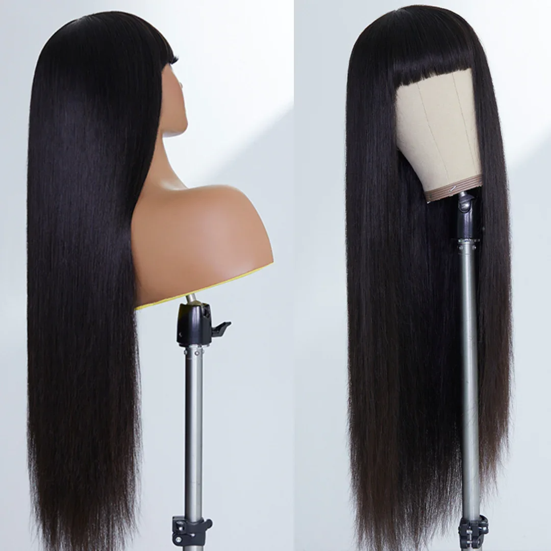 Straight with Bangs 100% Human Wig Without Glue Brazil Full hine Made Fringe Remy Hair Glueless Wigs