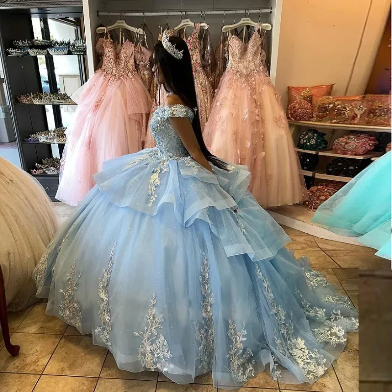 The Elegant Off Shoulder Quinceanera Dress Cascading Ruffles Ball Gown Appliques Beads Teens Evening Prom Pageant Gowns For Sweet S