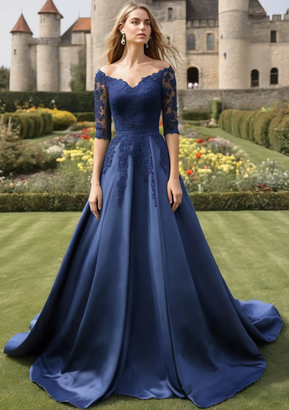 Prom Dresses Party Evening Gown Formal Custom Zipper Lace Up Plus Size New A Line Satin Applique V-Neck With Half Sleeve Dark Navy