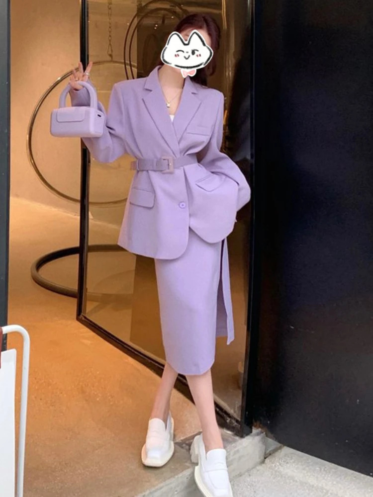 Skirt and Blazer Set Fashion Casual Long Sleeve Top Elegant Womens Sets Purple Blazers Coats Two Piece Women Suits 240226