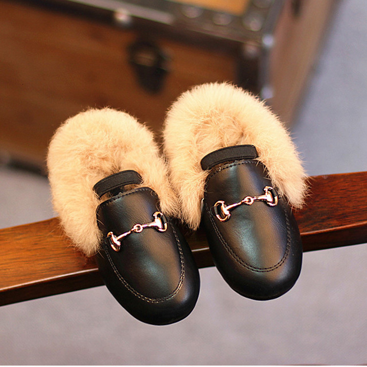 Sneakers Winter Kids Shoes Plush Fur Girl Princess Leather Warm Toddlers Baby Girls Loafers Fashion Casucal Flats 21-37 Black Red 221122