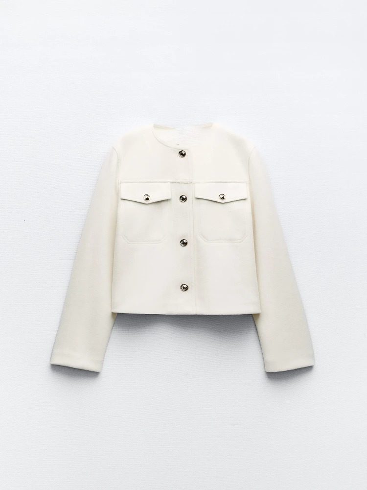 RR3115 Fashion Tweed Jacket Women Autumn Winter Long Sleeve Single Breasted Cropped Coat Female Solid Oneck Pocket Outwear Top 240307