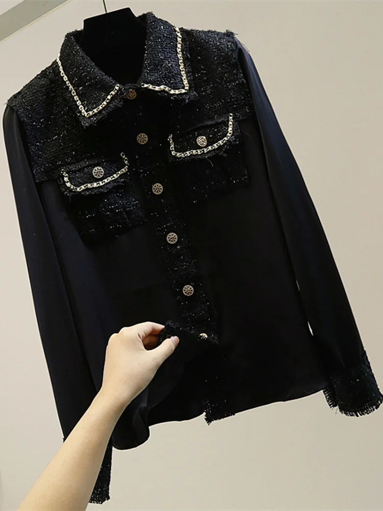 Spring Summer Tweed Patchwork Chiffon Shirt Blouse Women Vintage Long Sleeve Gold Chain Pearls Weave Tassels Pocket Tops 240301