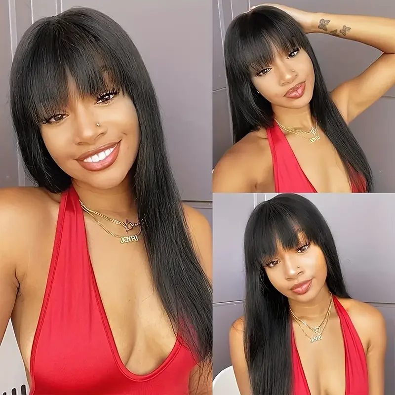 Straight with Bangs 100% Human Wig Without Glue Brazil Full hine Made Fringe Remy Hair Glueless Wigs