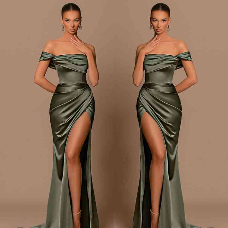 Olive Green Sheath Mermaid Bridesmaid Dresses Elegnant One Shoulder Pleats Split Evening Gowns Prom Dress Wears Custom Made BC15766