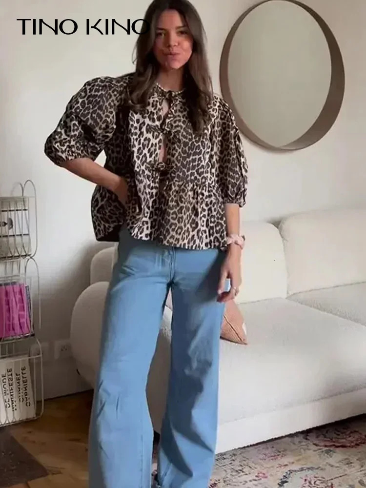 Fashion Leopard Print Lace Up Bow Shirt Women Elegant Puff Short Sleeve Oneck Blouse 2024 Summer Allmatch Female Tops 240301