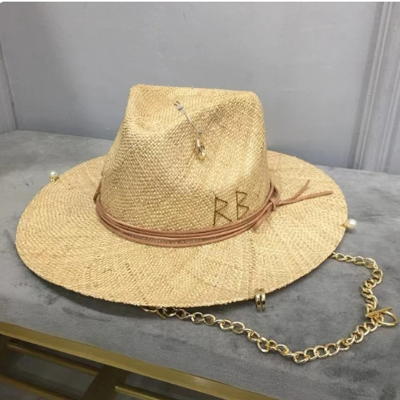 Women's Chain Straw Hat French Hat Letter Accessories Lafite Grass Summer Stripe Sun Hat Punk Style Straw Hat