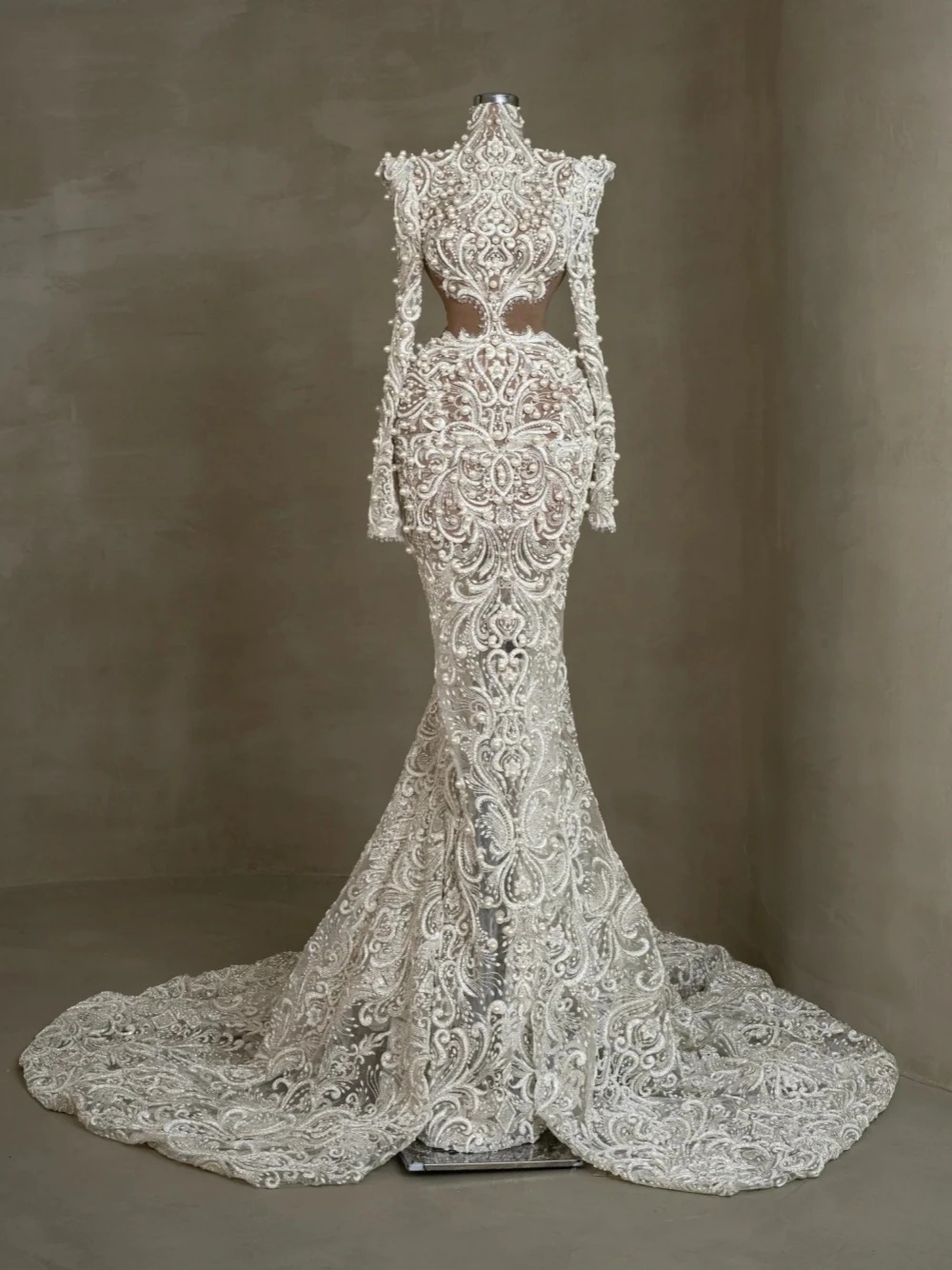 Pearls Mermaid Glamorous Wedding Dress Crystal High Neck Bridal Gowns Applique Long Sleeve Illusion Bride Dresses Sweep Train Custom Made Es