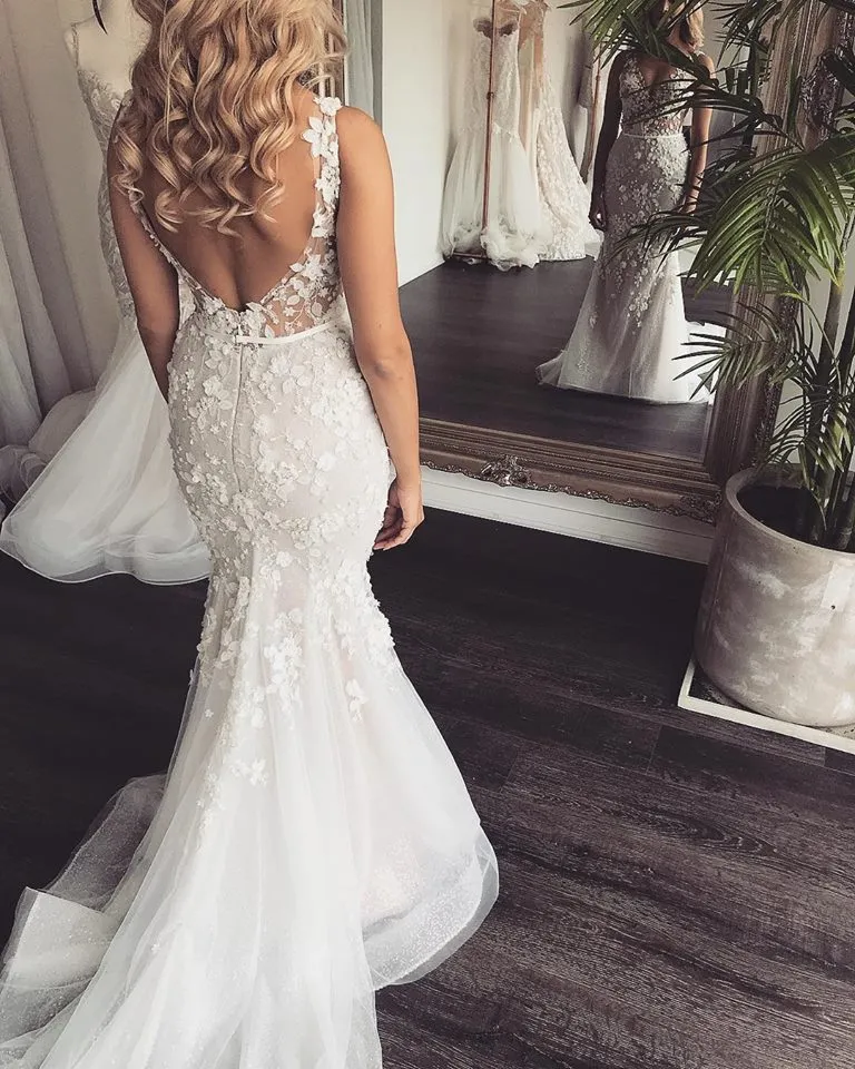Dresses Mermaid Tulle D Ral Appliques Spaghetti Wedding Gowns Backless Sweep Train Vestidos De e