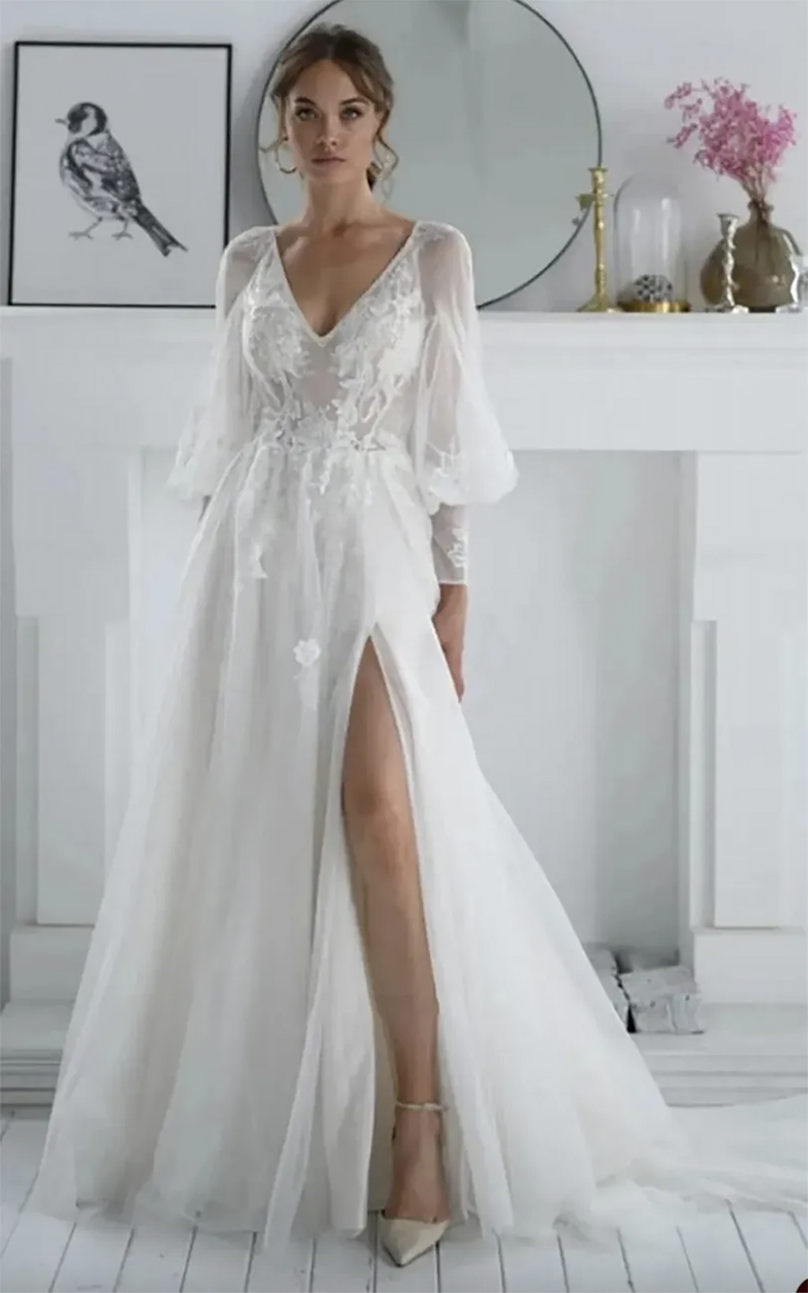 Elegant Beach A Line Wedding Dresses Side Split Cap Sleeve Lace Applique Bridal Gown Sweep Train Vestidos De Novia Custom Size 0431