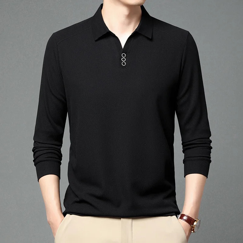 2023 Business Office Fashion PoloNeck Mens Shirt Autumn Winter Casual Allmatch Solid Color Long Sleeve Tshirt Male Clothes 240304
