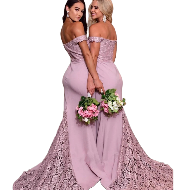 Dusty Pink Long Mermaid Bridesmaid Dress Lace And Satin Off Shoulder Wedding Party Gown For Ladies 2024 Garden Beach Prom Special Occasion Dresses