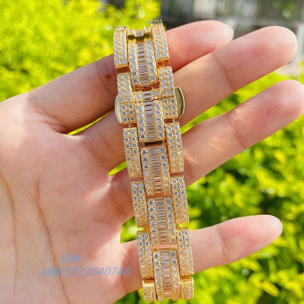 Luxury Jewelry Hip Hop Baguette Vvs Moissanite Watch Band Iced Out Men Cuban Link Bracelet Chain