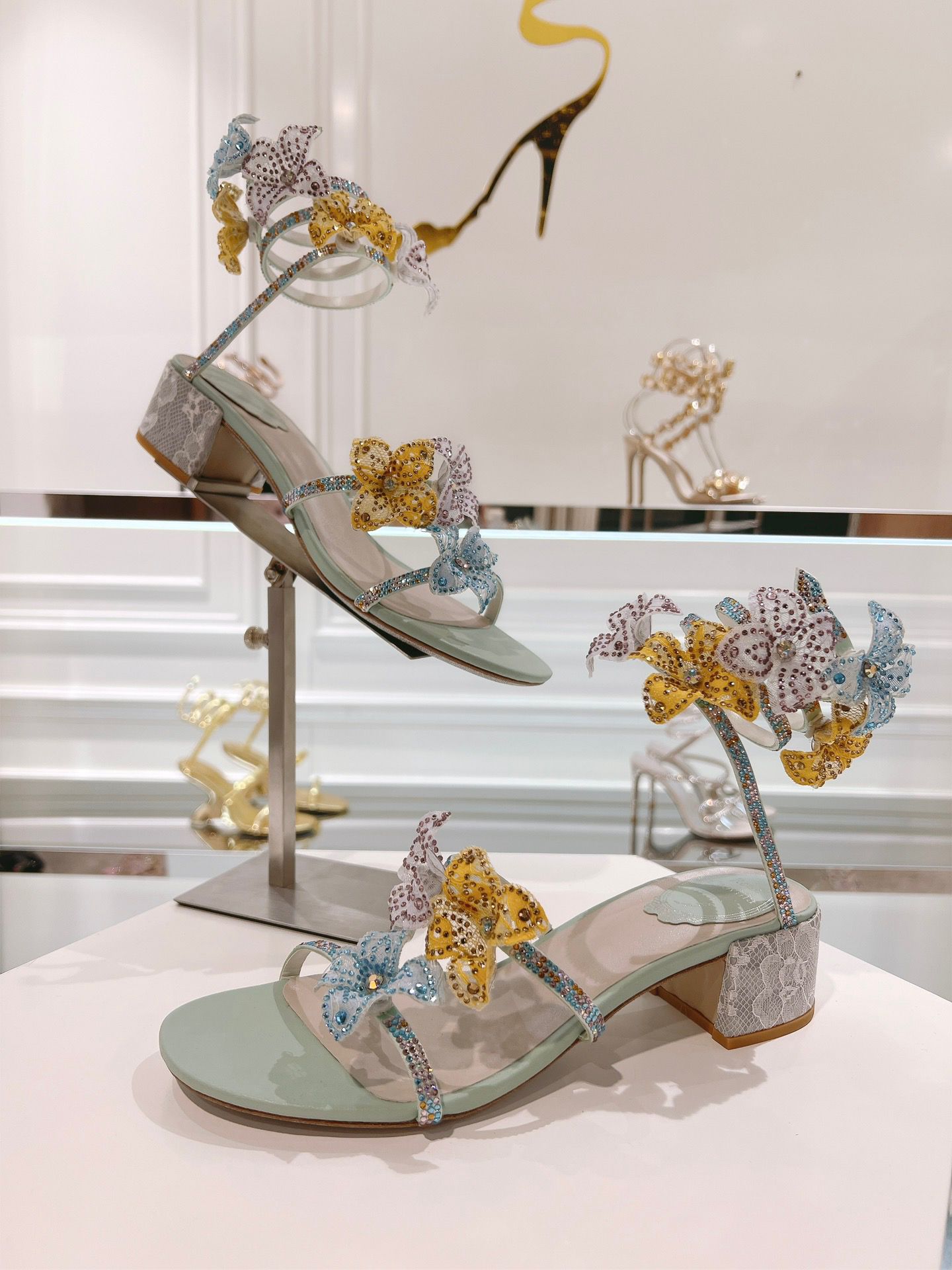 Elegant Floriane Sandals Shoes Satin Flowers Snake Spiral Wraps Strappy Chunky Heels Lady Party Wedding Lady Gladiator Sandalias EU35-43