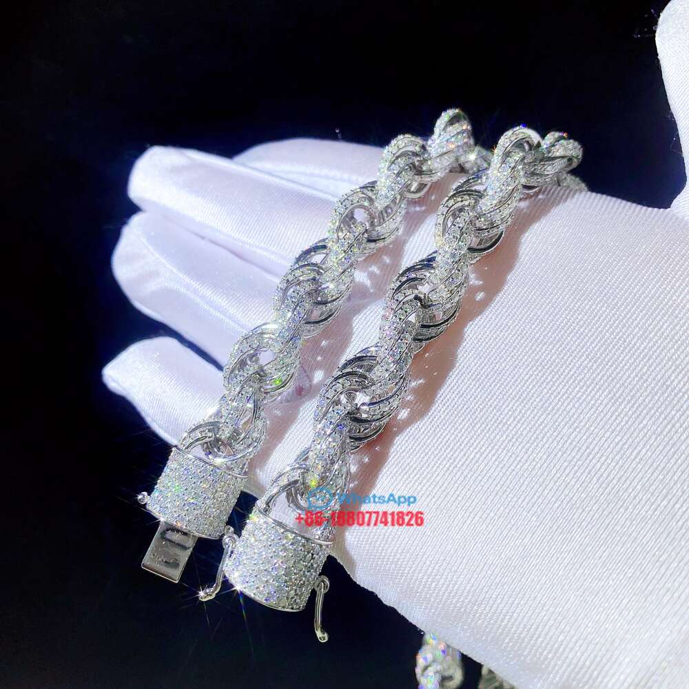 Drop Shipping White Gold 925 Sterling Silver 15mm Micro Pave Vvs Moissanite Diamond Rope Chain Necklace