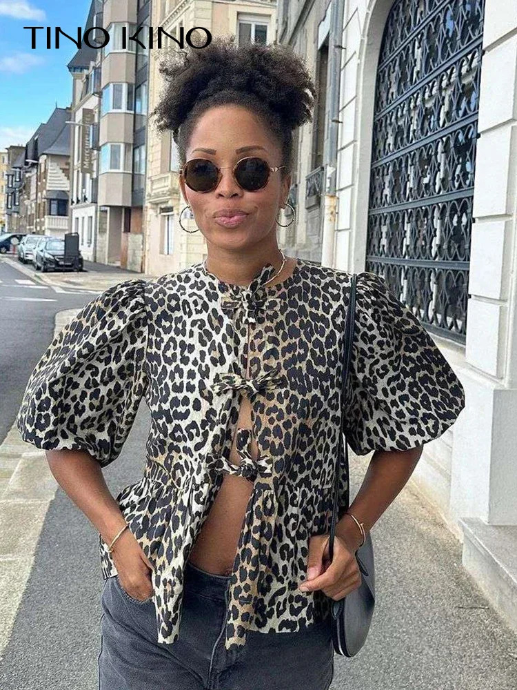Fashion Leopard Print Lace Up Bow Shirt Women Elegant Puff Short Sleeve Oneck Blouse 2024 Summer Allmatch Female Tops 240301