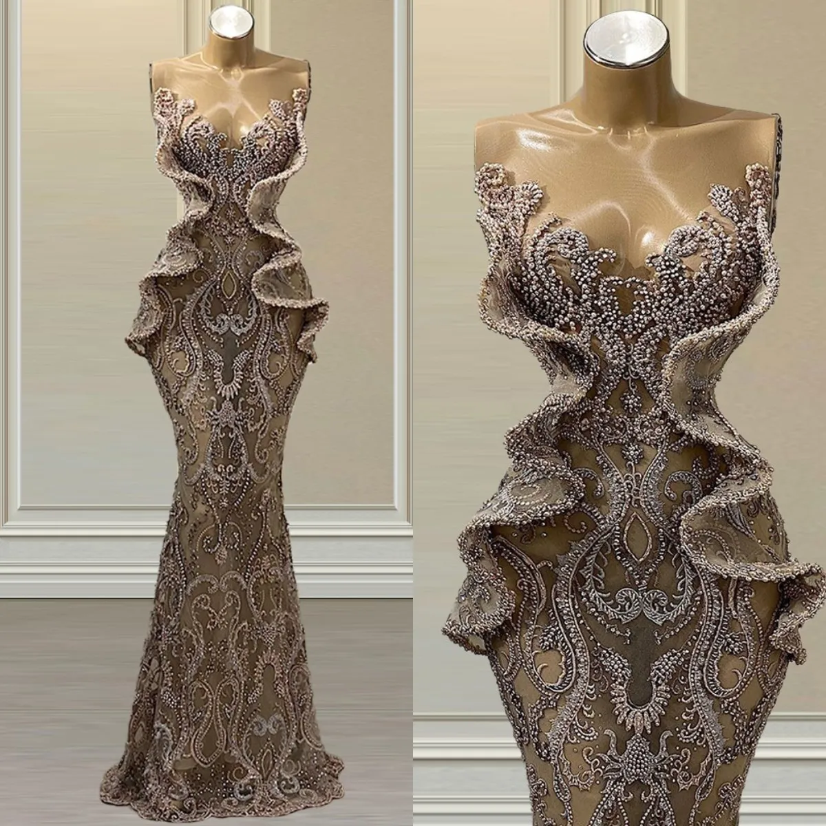 Beading Mermaid Evening Dresses Lace Appliqued Crystal Sheer Jewel Neck Prom Dress Saudi Arabia Robe De Soiree Lz0304