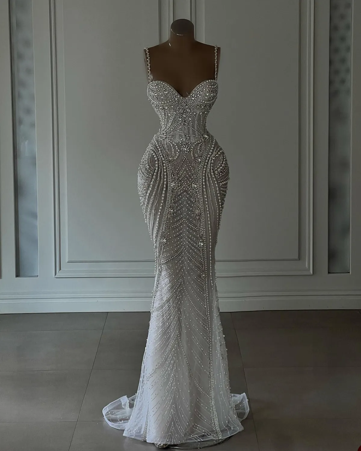 Mermaid Wedding Dress Spaghetti Straps Sweetheart Necke Pearl Chain Backless Zipper Bridal Gown Custom Made Plus Size Vestidos 6660311
