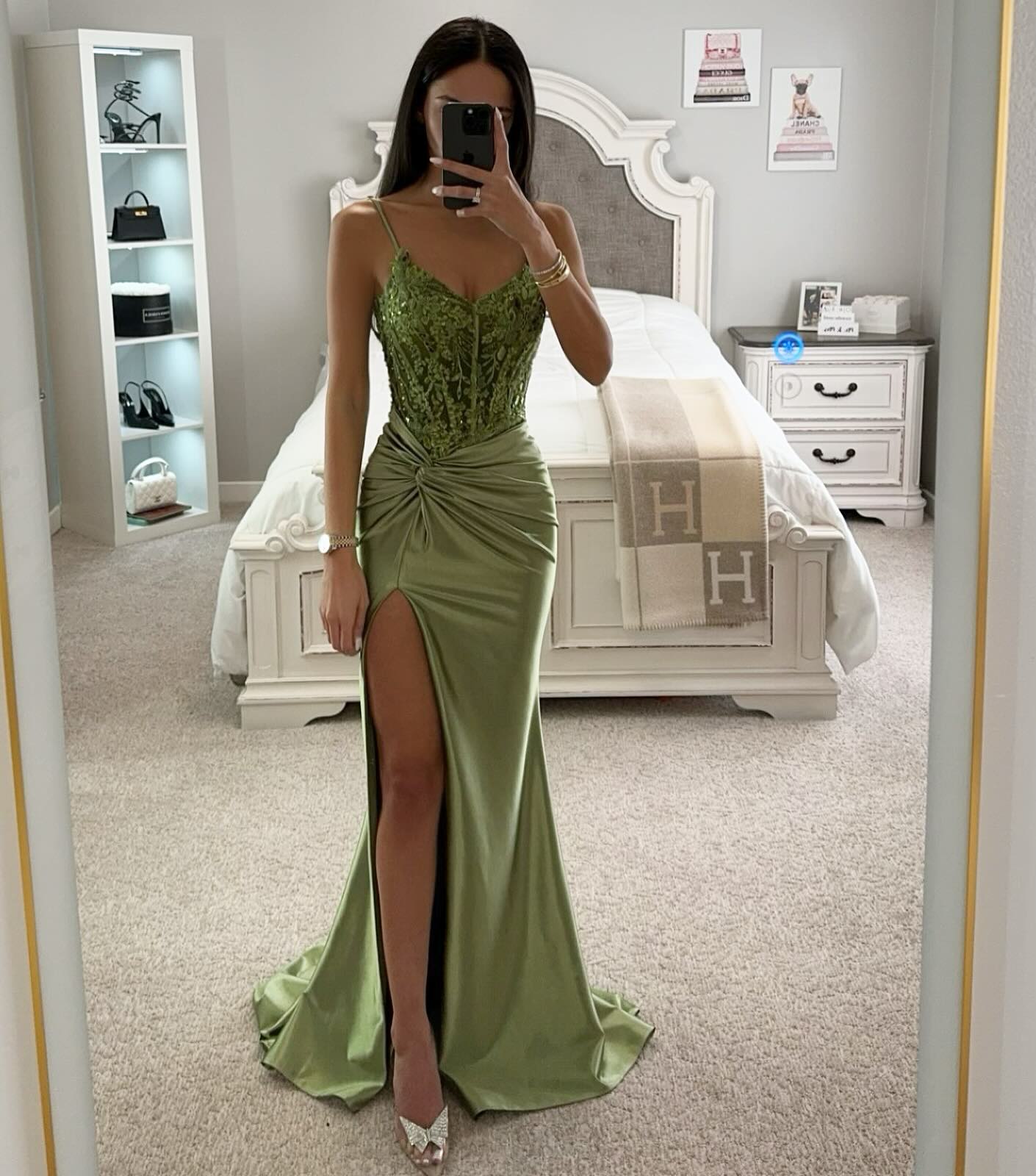 Light green mermaid prom dress sequins lace top straps formal evening dresses elegant pleats party gowns for special occasions robe de soiree
