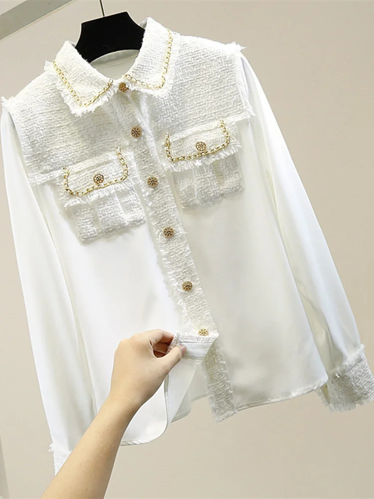 Spring Summer Tweed Patchwork Chiffon Shirt Blouse Women Vintage Long Sleeve Gold Chain Pearls Weave Tassels Pocket Tops 240301