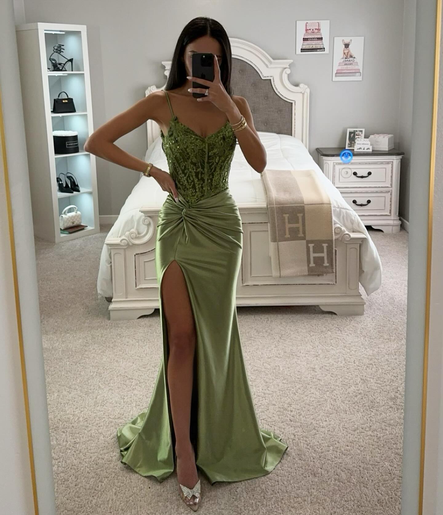Light green mermaid prom dress sequins lace top straps formal evening dresses elegant pleats party gowns for special occasions robe de soiree