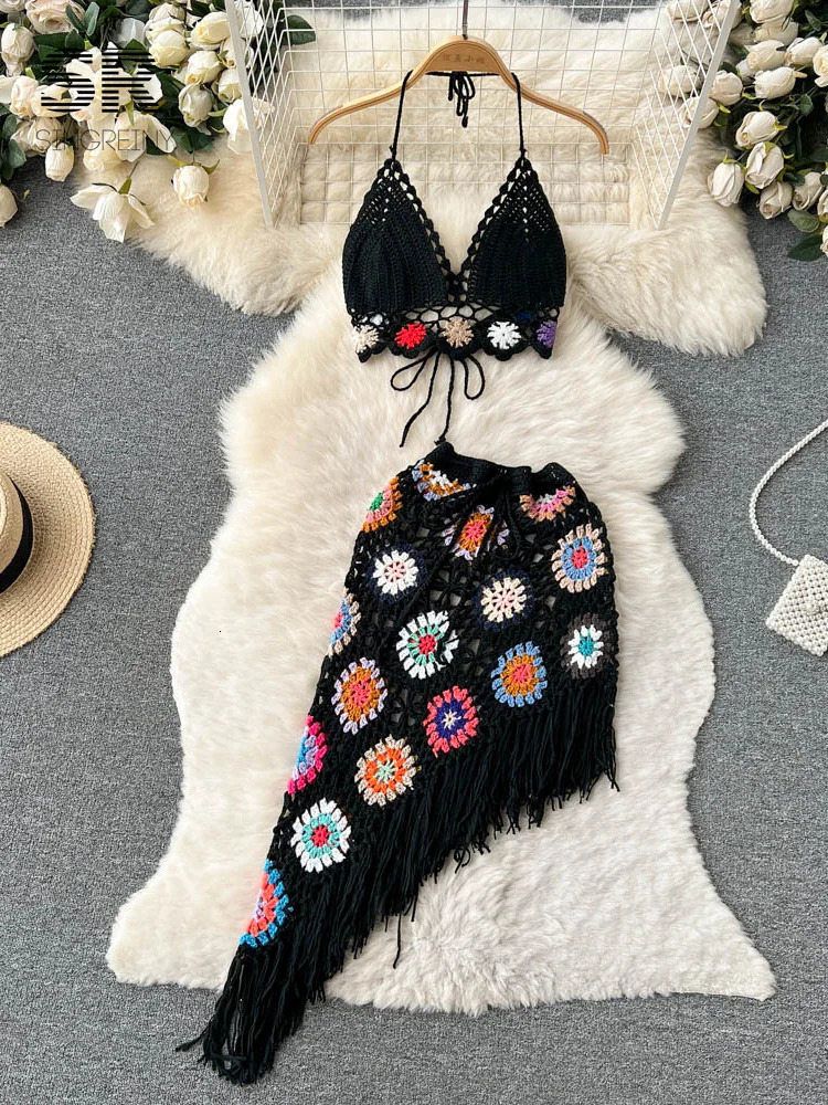 SINGREINY Bohemian Two Piece Knitted Sets Summer Hook Hollow Out Camisole Floral Irregular Tassel Skirt Sexy Beach Style Suits 240309