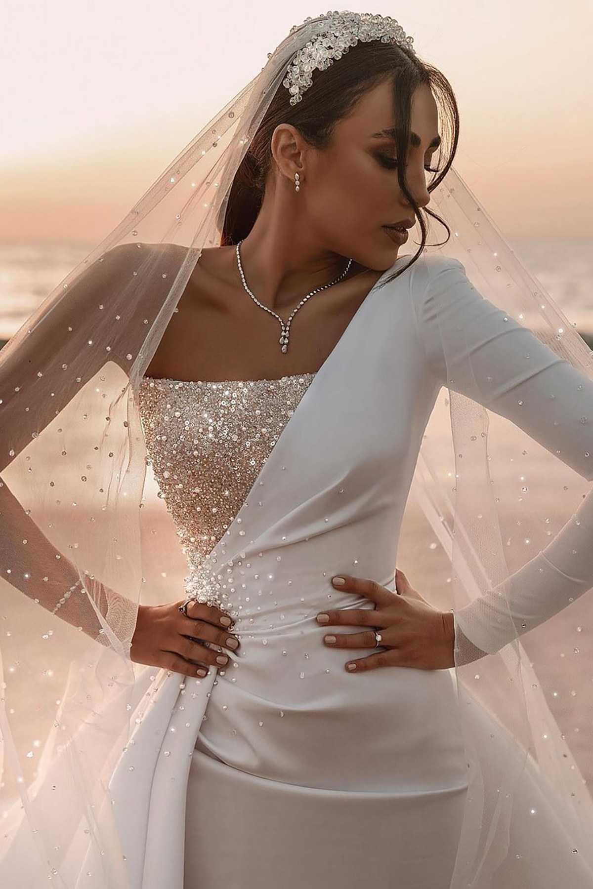 Fashion Wedding Dress Pearls Mermaid Bridal Gowns Detachable One Shoulder Sequins Bride Dresses Sweep Train Custom Made 0219