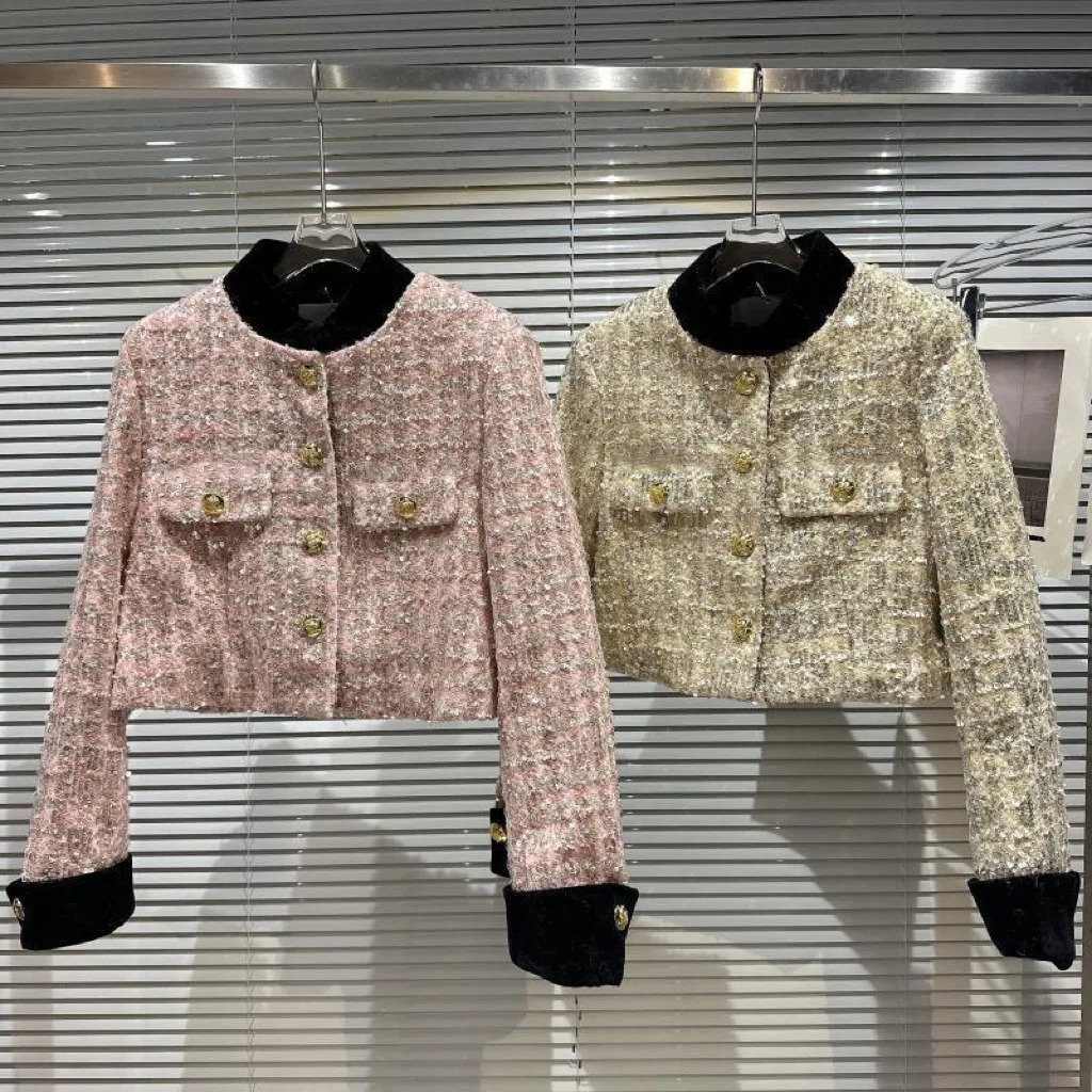 baby Girls Sequin Short Coat Autumn Thick Tweed Single breasted Metal buckle teen jacket kids clothes casaco menina 240227