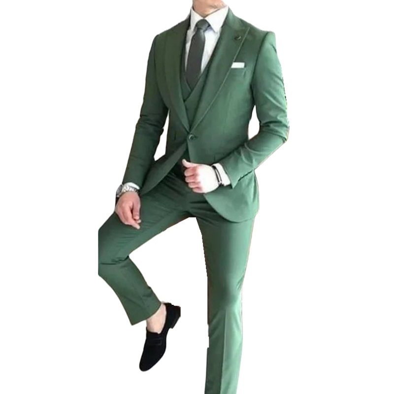 Classic Slim Fit Green Weding Tuxedos One Button Men Suits Groom Formal Wear Prom Party Blazer 3 Pieces Jacket Pants Vest
