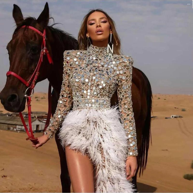 Casual Dresses Women Dress Sparkly Silver Sequins Feather Gold Round Neck Nude Banquet White Slit Short