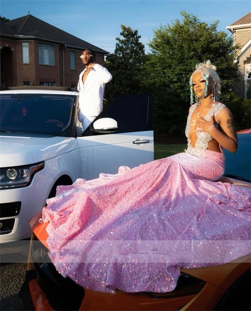 Pink Prom Dress For Black Girls Sparkly Crystal Rhinestones Beading Sequins Birthday Party Homecoming Gown