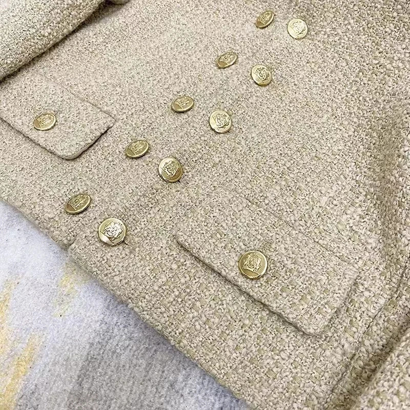 Womens DoubleButton Wool Tweed Jacket Short Temperament Small Fragrance Vintage Autumn and Winter 240226