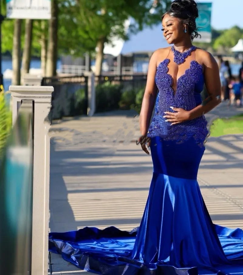 Sexy Royal Blue Veet Vestidos Gala Mermaid Prom Dresses For Black Girls 2024 Crystal Robe De Soiree Evening Birthday Party Gowns 0431