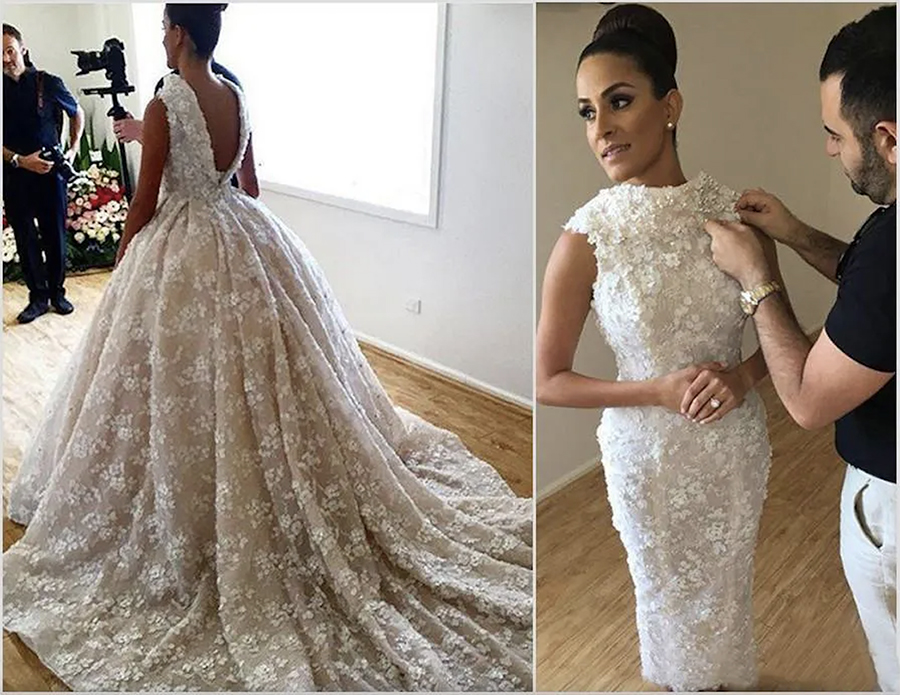 Amazing Full Lace Appliques Sheath Wedding Dresses With Detachable Long Train Open Back Sleeveless Bridal Gowns Saudi Arabia Wedding Vestido