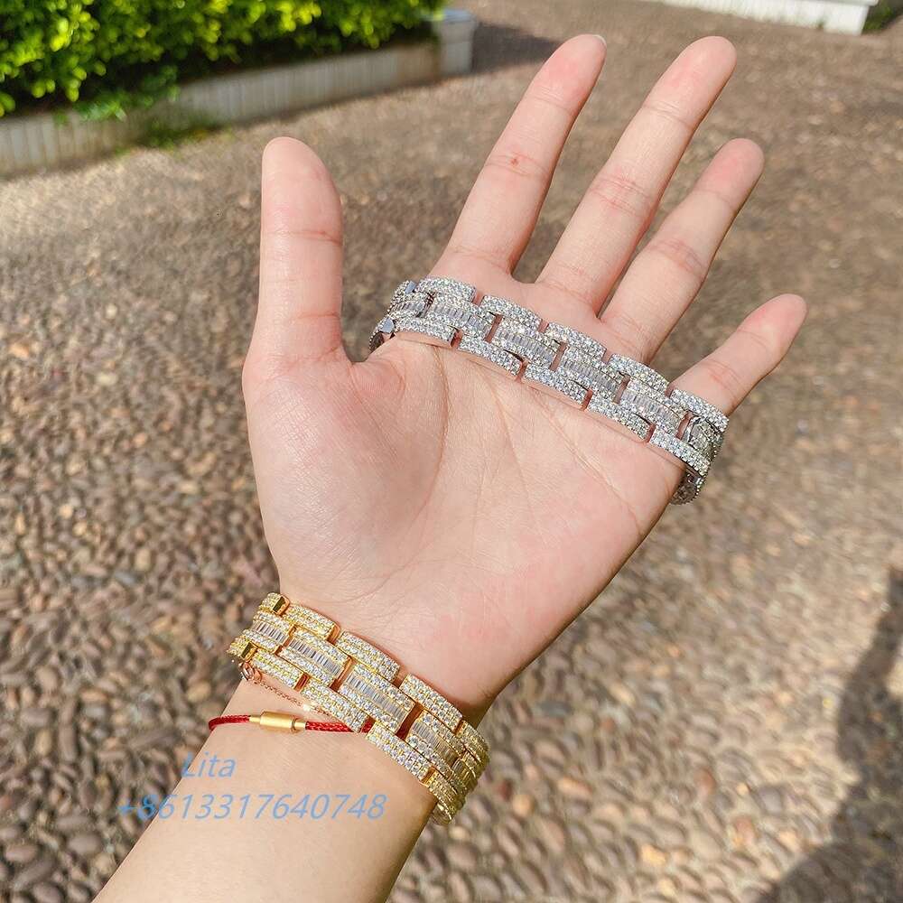 Luxury Jewelry Hip Hop Baguette Vvs Moissanite Watch Band Iced Out Men Cuban Link Bracelet Chain