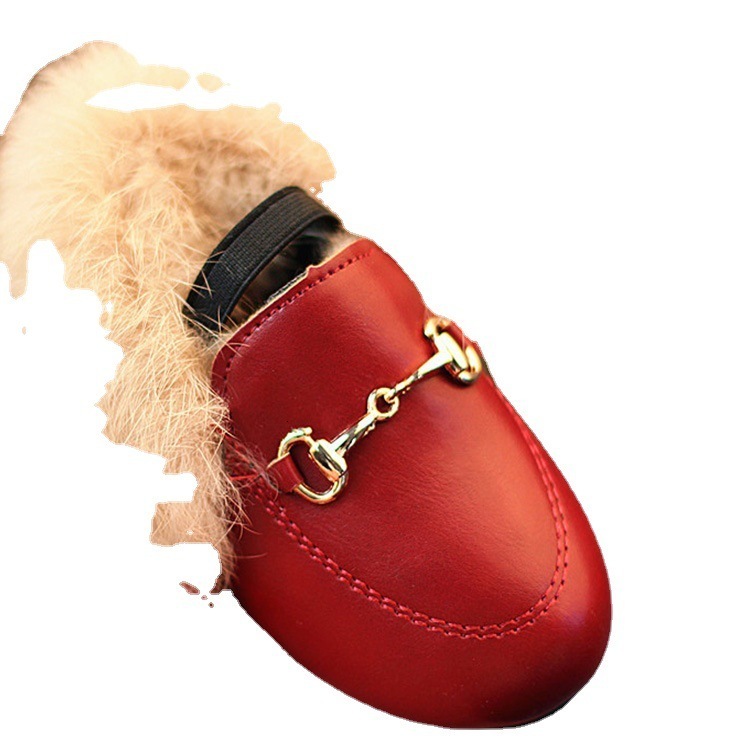 Sneakers Winter Kids Shoes Plush Fur Girl Princess Leather Warm Toddlers Baby Girls Loafers Fashion Casucal Flats 21-37 Black Red 221122