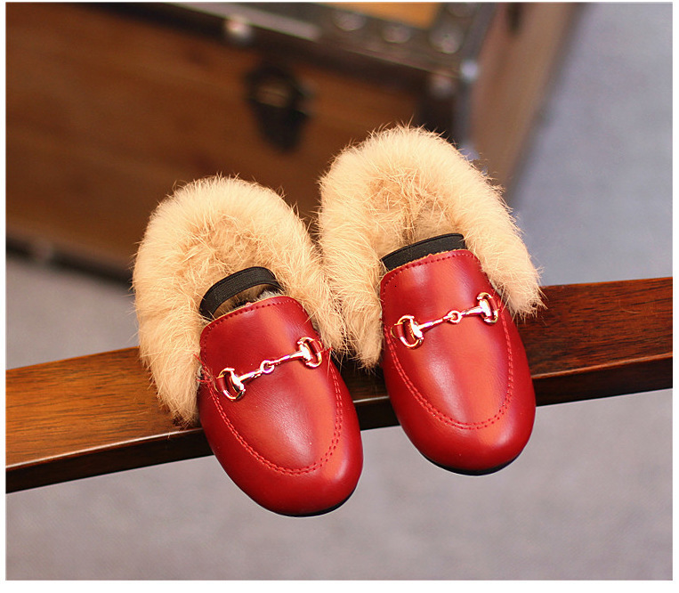 Sneakers Winter Kids Shoes Plush Fur Girl Princess Leather Warm Toddlers Baby Girls Loafers Fashion Casucal Flats 21-37 Black Red 221122