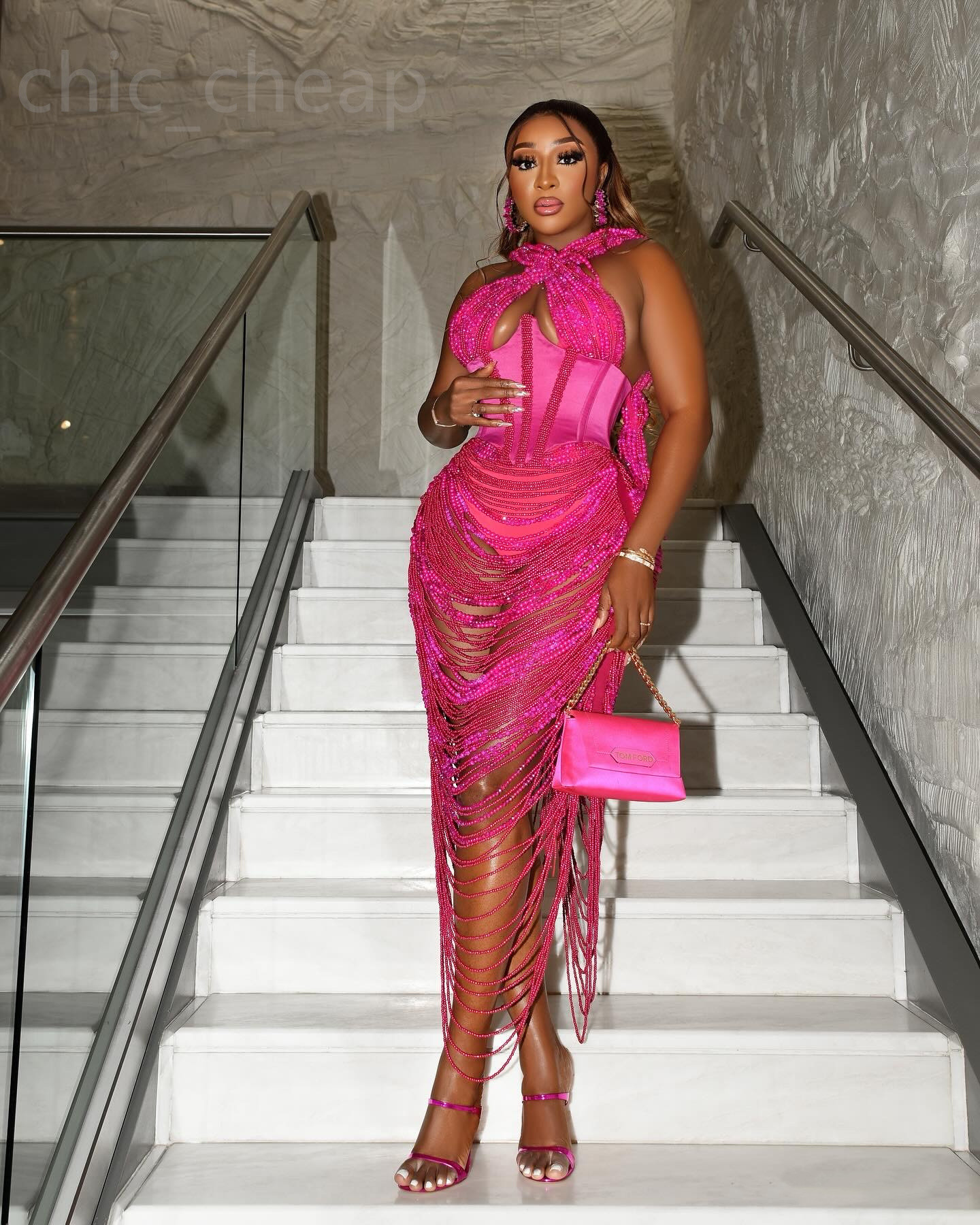 Aso Ebi Fuchsia Sheath Prom Dress Beadings See Through Evening Formal Party Second Reception Th Birthday Engagement Gowns Dresses Robe De Soiree ZJ