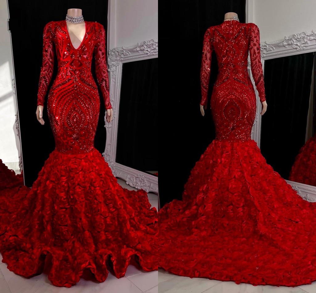Bury Lace Sequin Mermaid Prom Dresses Black Girls V Neck Long Sleeves Sweep Train Formal Evening Gowns Real Image Bc15403 6660311