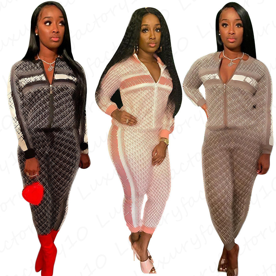 Women's Temperament Printing Full Sleeve Zipper Two-Piece Womens Suit With Letters Wholesale In Stock Size S-2XL