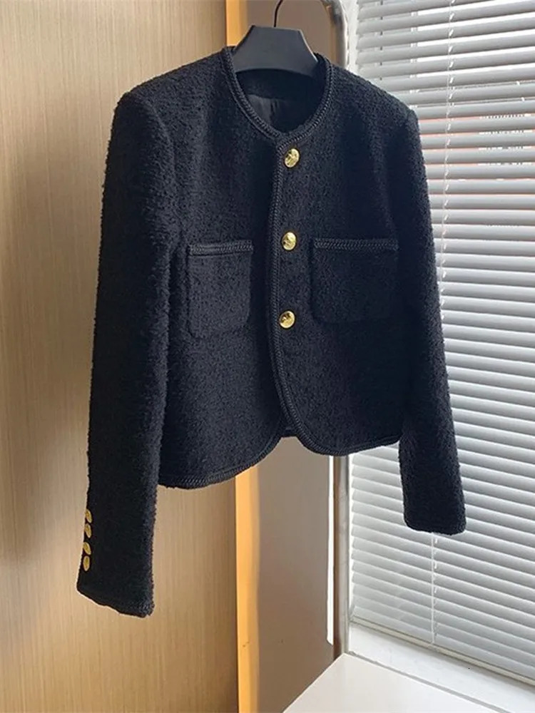 Autumn Winter Korean Fashion Black White Tweed Jackets Coat Women Elegant Two Pockets Golden Single Breasted Woolen Outerwear 240309